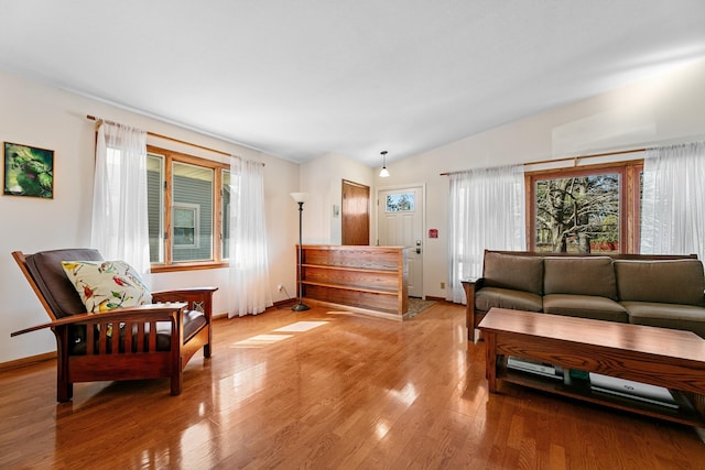 interior space with a healthy amount of sunlight, light wood-type flooring, baseboards, and vaulted ceiling