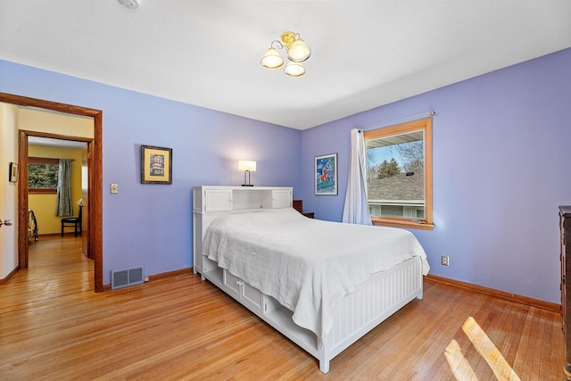 bedroom with light wood-type flooring, visible vents, and multiple windows