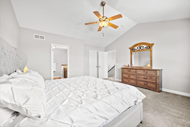 bedroom with visible vents, baseboards, ceiling fan, light colored carpet, and lofted ceiling