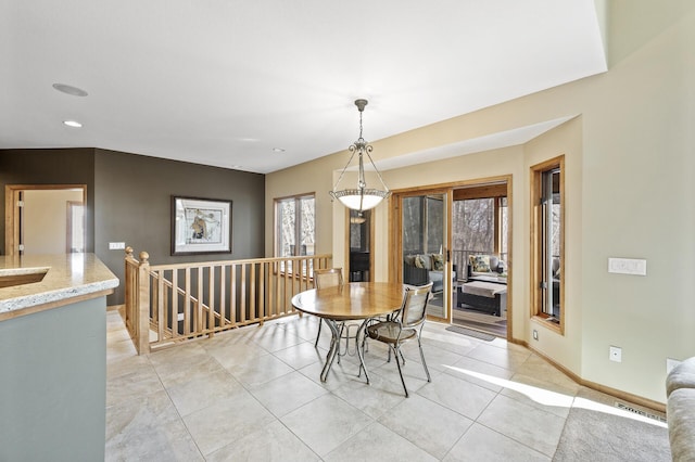 dining room featuring recessed lighting, light tile patterned floors, visible vents, and baseboards