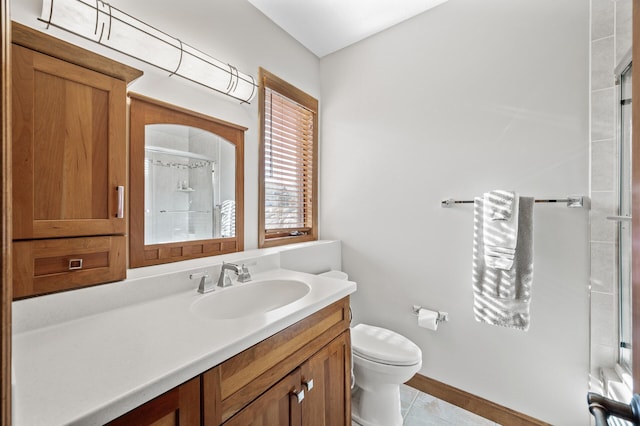 full bath featuring an enclosed shower, toilet, vanity, and tile patterned flooring