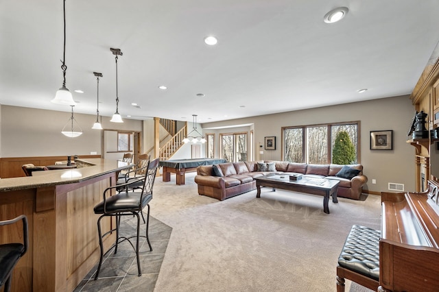 living room with recessed lighting, visible vents, carpet, and pool table