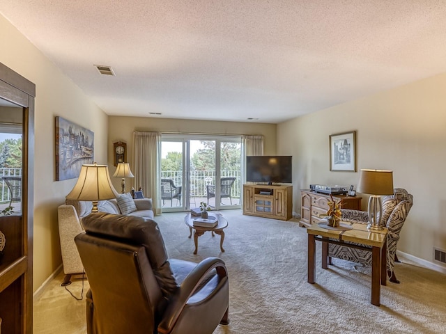 8621 Basswood Rd Unit 33, Eden Prairie, MN 55344 - living room featuring baseboards, a textured ceiling, visible vents, and light carpet