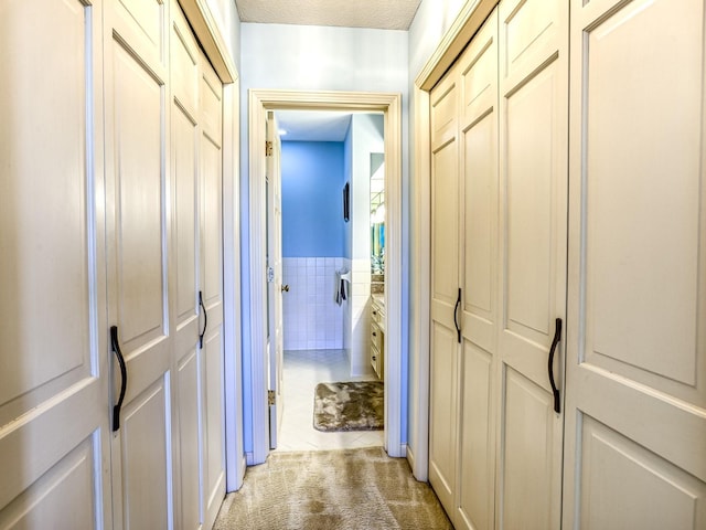8621 Basswood Rd Unit 33, Eden Prairie, MN 55344 - corridor featuring tile walls, a wainscoted wall, a textured ceiling, and light colored carpet