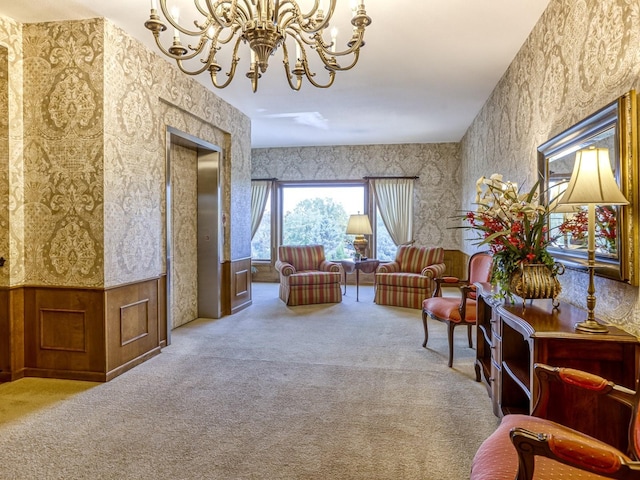 8621 Basswood Rd Unit 33, Eden Prairie, MN 55344 - carpeted living room featuring wallpapered walls and a notable chandelier