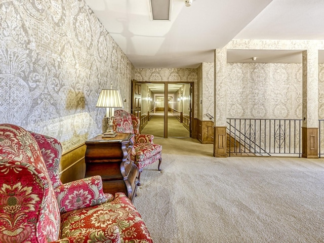 8621 Basswood Rd Unit 33, Eden Prairie, MN 55344 - sitting room featuring carpet flooring, an upstairs landing, and wallpapered walls