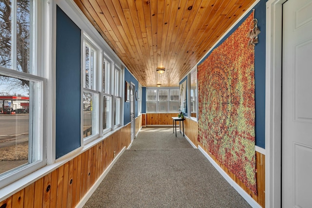 hallway featuring wood ceiling, baseboards, carpet flooring, and wooden walls