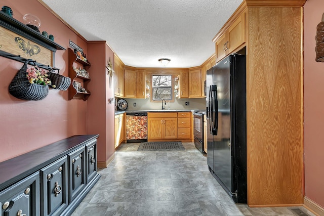 kitchen featuring a sink, a textured ceiling, baseboards, open shelves, and black appliances