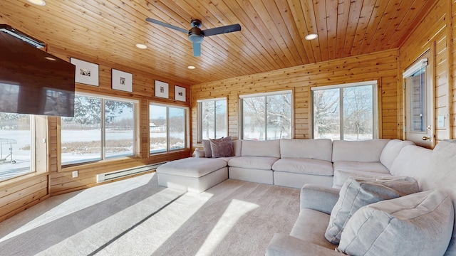 living area featuring wooden walls, a healthy amount of sunlight, wooden ceiling, and a baseboard radiator