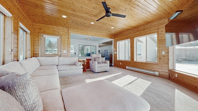 living room featuring a ceiling fan, wooden walls, wood ceiling, and a baseboard radiator