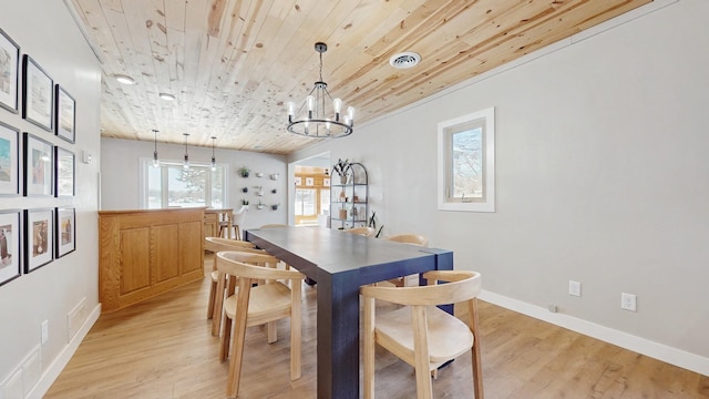 dining area with light wood-style flooring, a notable chandelier, wood ceiling, and visible vents