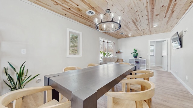 dining space featuring baseboards, visible vents, an inviting chandelier, wood ceiling, and light wood-type flooring