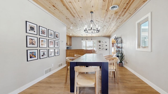 dining space featuring wooden ceiling, visible vents, light wood finished floors, and a chandelier