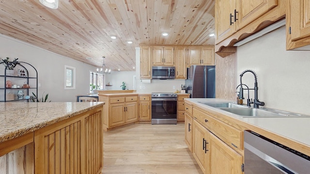 kitchen featuring light brown cabinetry, a sink, appliances with stainless steel finishes, wooden ceiling, and light countertops