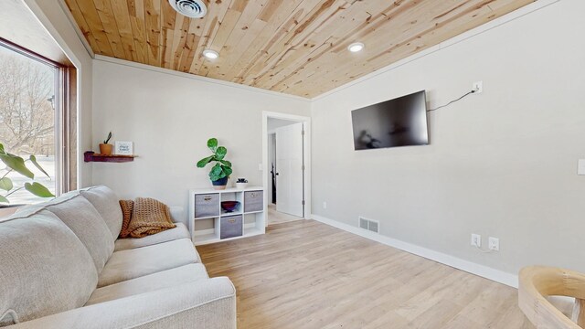 living room with wood finished floors, wood ceiling, visible vents, and baseboards