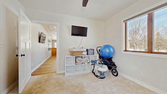 workout area featuring baseboards, carpet, and a ceiling fan