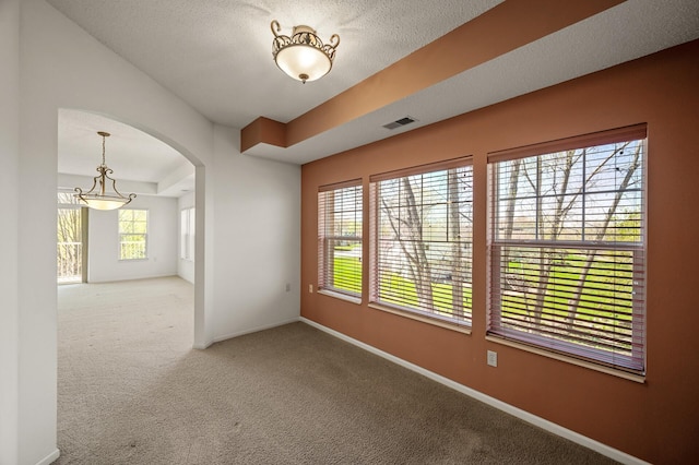 carpeted spare room with arched walkways, baseboards, and visible vents
