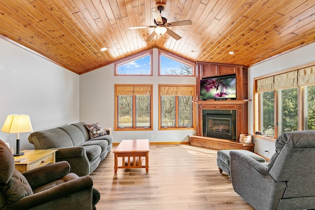 living room with lofted ceiling, wooden ceiling, a ceiling fan, and light wood finished floors