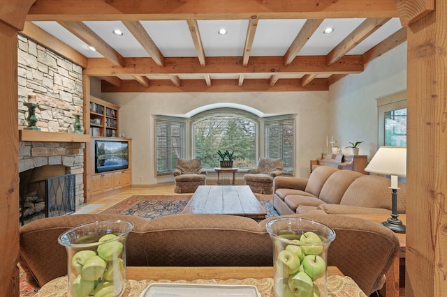 781 Ferndale Rd N, Orono, MN 55391 - living area with a stone fireplace, recessed lighting, beam ceiling, and wood finished floors
