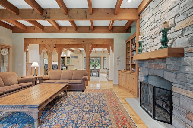 781 Ferndale Rd N, Orono, MN 55391 - living area with light wood-type flooring, a fireplace, and beam ceiling