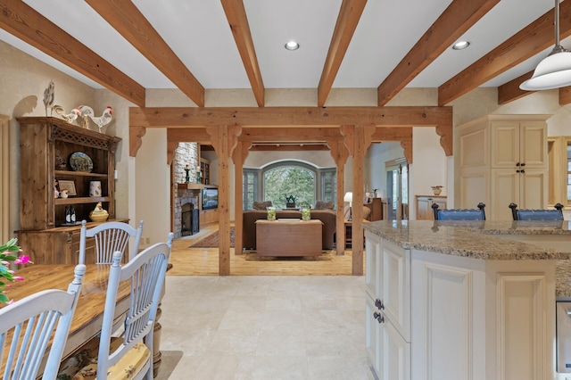 781 Ferndale Rd N, Orono, MN 55391 - interior space featuring recessed lighting, a fireplace, and beam ceiling