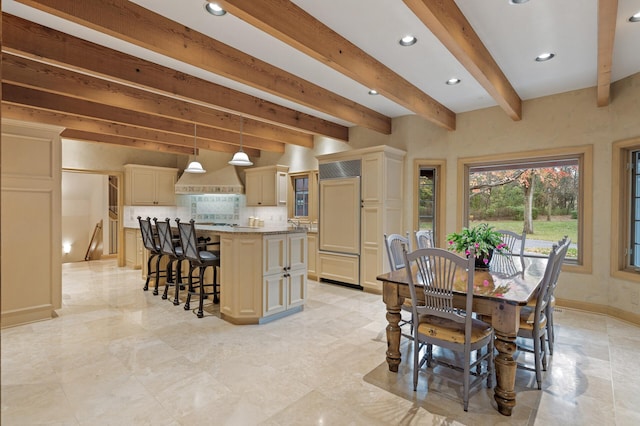 781 Ferndale Rd N, Orono, MN 55391 - dining area featuring baseboards, beamed ceiling, and recessed lighting