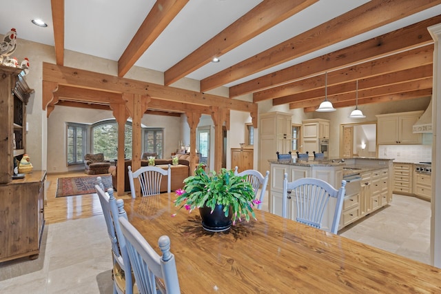 781 Ferndale Rd N, Orono, MN 55391 - dining area with recessed lighting, a wealth of natural light, light tile patterned flooring, and beam ceiling