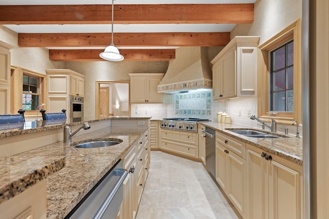 781 Ferndale Rd N, Orono, MN 55391 - kitchen featuring a sink, appliances with stainless steel finishes, backsplash, and premium range hood