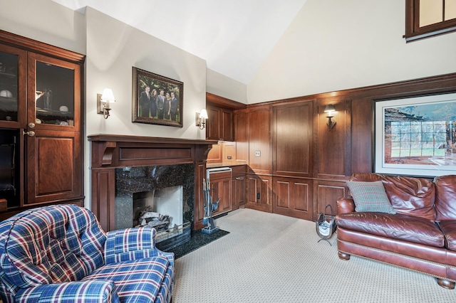 781 Ferndale Rd N, Orono, MN 55391 - living room featuring a premium fireplace, carpet floors, and high vaulted ceiling