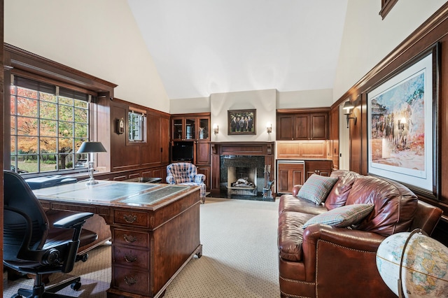781 Ferndale Rd N, Orono, MN 55391 - office featuring a high end fireplace, carpet floors, and high vaulted ceiling