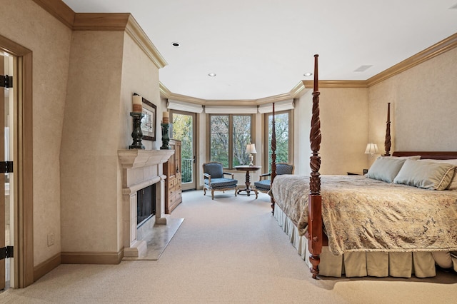 781 Ferndale Rd N, Orono, MN 55391 - carpeted bedroom featuring a premium fireplace, crown molding, baseboards, access to outside, and recessed lighting