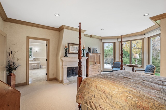 781 Ferndale Rd N, Orono, MN 55391 - bedroom featuring baseboards, a fireplace, crown molding, and light colored carpet