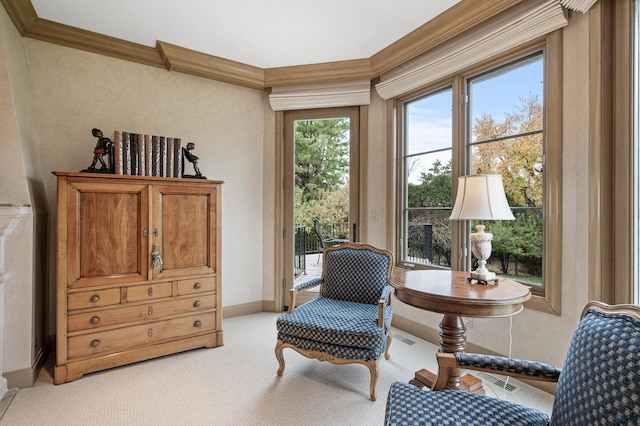 781 Ferndale Rd N, Orono, MN 55391 - living area featuring crown molding, light carpet, baseboards, and visible vents