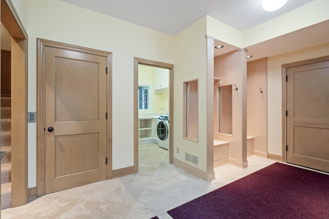 781 Ferndale Rd N, Orono, MN 55391 - bathroom with washer / dryer, baseboards, visible vents, and recessed lighting