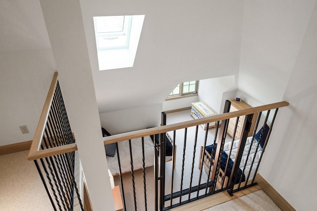 781 Ferndale Rd N, Orono, MN 55391 - stairs featuring baseboards, carpet flooring, and a skylight