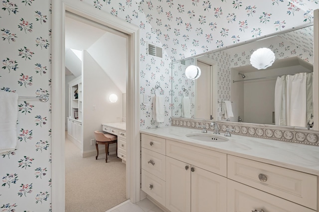 781 Ferndale Rd N, Orono, MN 55391 - full bathroom featuring wallpapered walls, visible vents, baseboards, and vanity