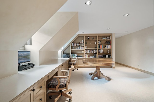 781 Ferndale Rd N, Orono, MN 55391 - home office featuring built in study area, light carpet, baseboards, and recessed lighting