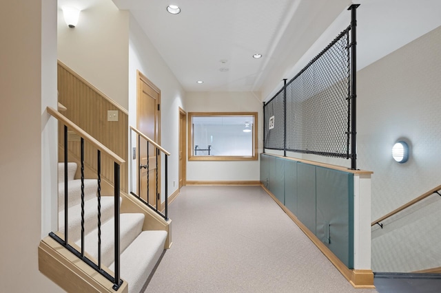 781 Ferndale Rd N, Orono, MN 55391 - hall featuring baseboards, stairs, carpet flooring, and recessed lighting