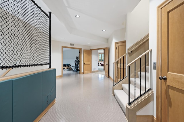 781 Ferndale Rd N, Orono, MN 55391 - hallway featuring stairs, baseboards, visible vents, and recessed lighting