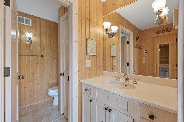 781 Ferndale Rd N, Orono, MN 55391 - bathroom with vanity, wood walls, toilet, and visible vents