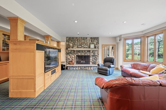 781 Ferndale Rd N, Orono, MN 55391 - carpeted living area with a fireplace and recessed lighting