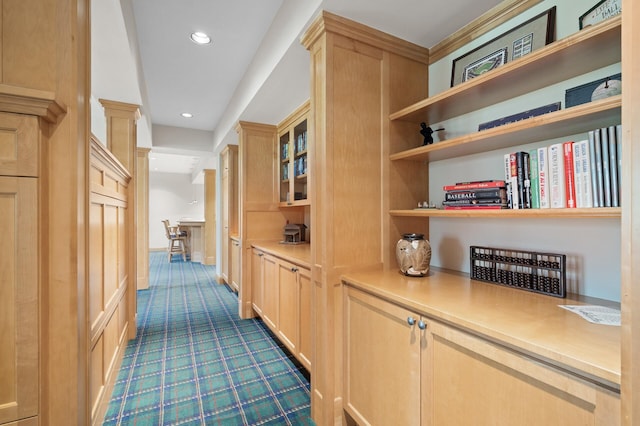 781 Ferndale Rd N, Orono, MN 55391 - hallway featuring dark colored carpet and recessed lighting