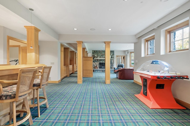 781 Ferndale Rd N, Orono, MN 55391 - game room with baseboards, carpet flooring, and ornate columns