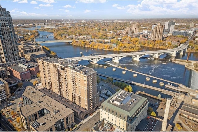 bird's eye view with a view of city and a water view