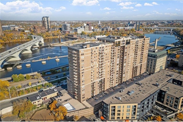 aerial view featuring a view of city and a water view