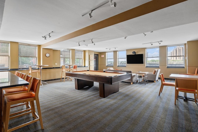 playroom with pool table, track lighting, and carpet flooring