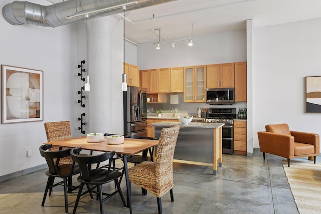 250 Park Ave Unit 606, Minneapolis, MN 55415 - kitchen with appliances with stainless steel finishes, a high ceiling, concrete floors, glass insert cabinets, and light stone counters