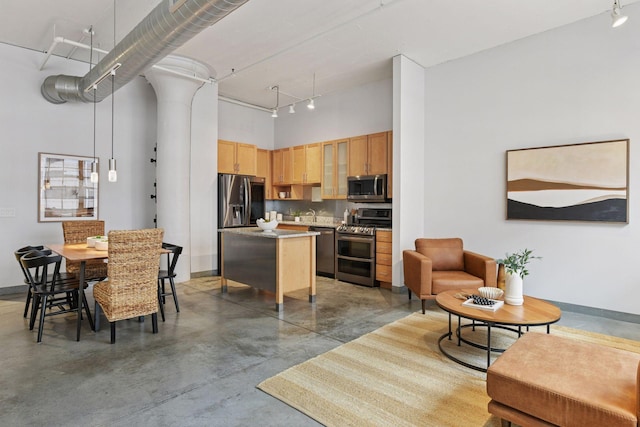 250 Park Ave Unit 606, Minneapolis, MN 55415 - living room with a high ceiling, concrete flooring, and track lighting