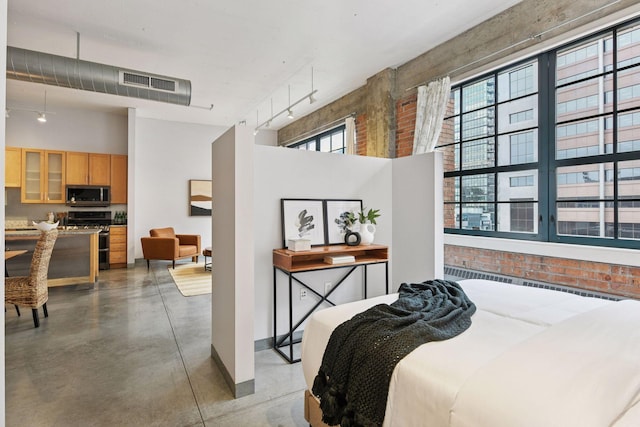 250 Park Ave Unit 606, Minneapolis, MN 55415 - bedroom featuring finished concrete floors, a high ceiling, rail lighting, and brick wall