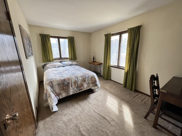 bedroom with baseboards, a textured ceiling, and carpet flooring